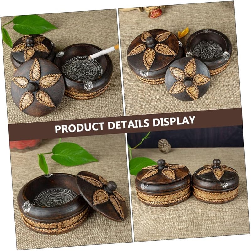 Thai Solid Wood Ashtray With Lid Handmade Decorative Smoking Ash Tray Cigar Holder Southeast Asian Style 10CM Diameter - Image 3